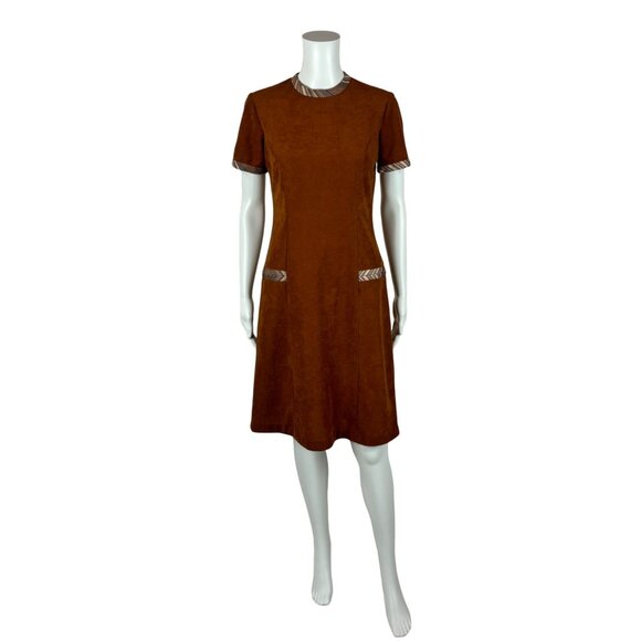 Vintage 70s Mini Dress Women's Small Brown Faux Suede Short Sleeve Shift Boho
